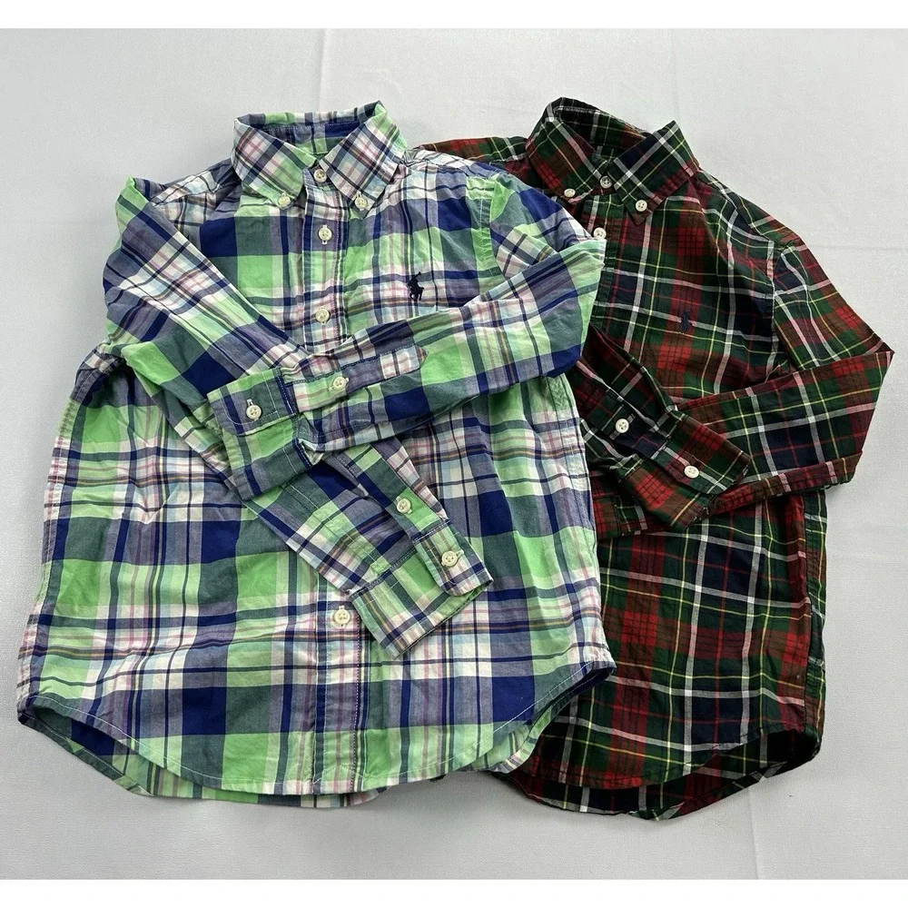 Ralph Lauren Boys Size 5 Plaid Button Down Shirts Lot of 2 Natural Stretch
